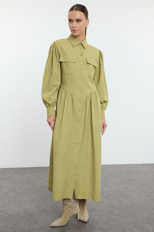 Trendyol Trendyol Oil Green Poplin Woven Pleated Detailed Pocket Dress