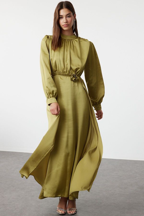 Trendyol Trendyol Oil Green Satin Rose Detailed Woven Evening Dress Evening Gown