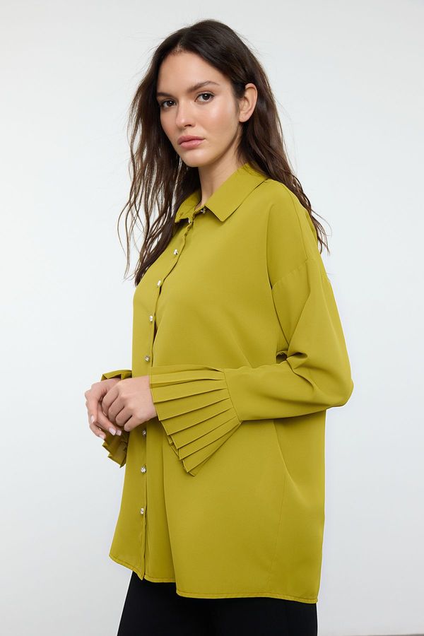 Trendyol Trendyol Oil Green Thin Belted Ruffle Stone Buttoned Shirt