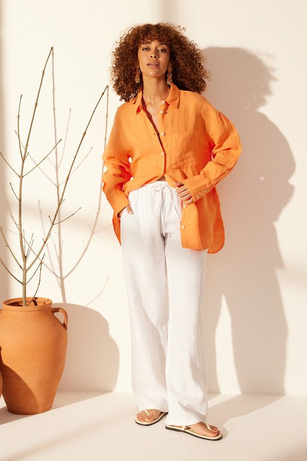 Trendyol Trendyol Orange 100% Linen Oversize Shirt