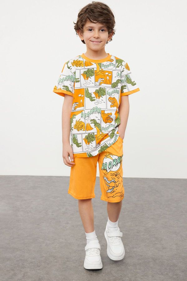 Trendyol Trendyol Orange Boy's Dinosaur Patterned T-shirt-Shorts Set Knitted Top-Bottom Set