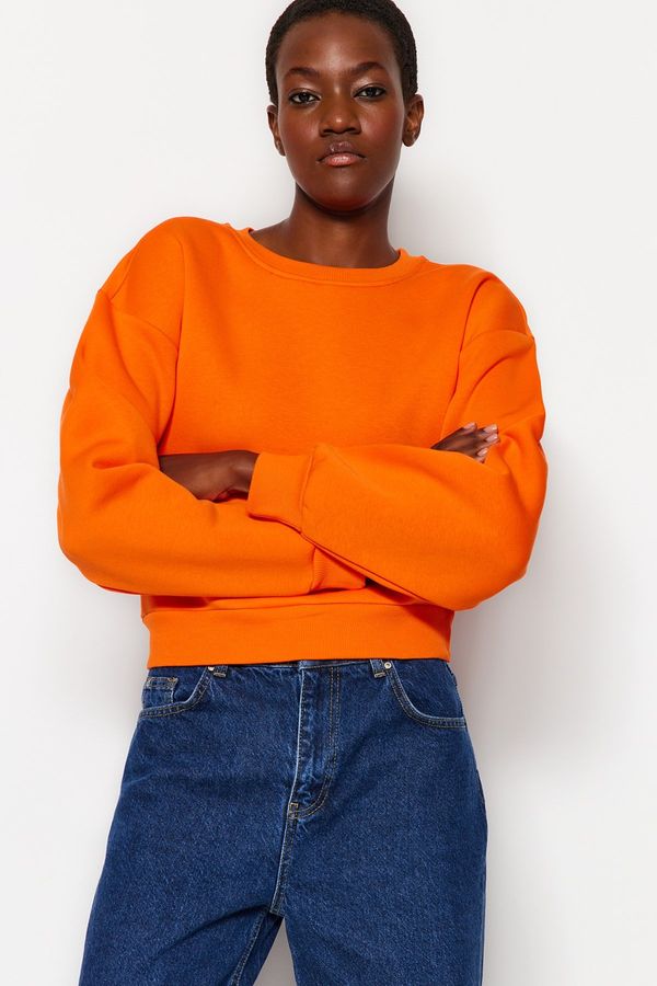 Trendyol Trendyol Orange Comfort Fit Crop Basic Crew Neck Thick Fleece Knitted Sweatshirt