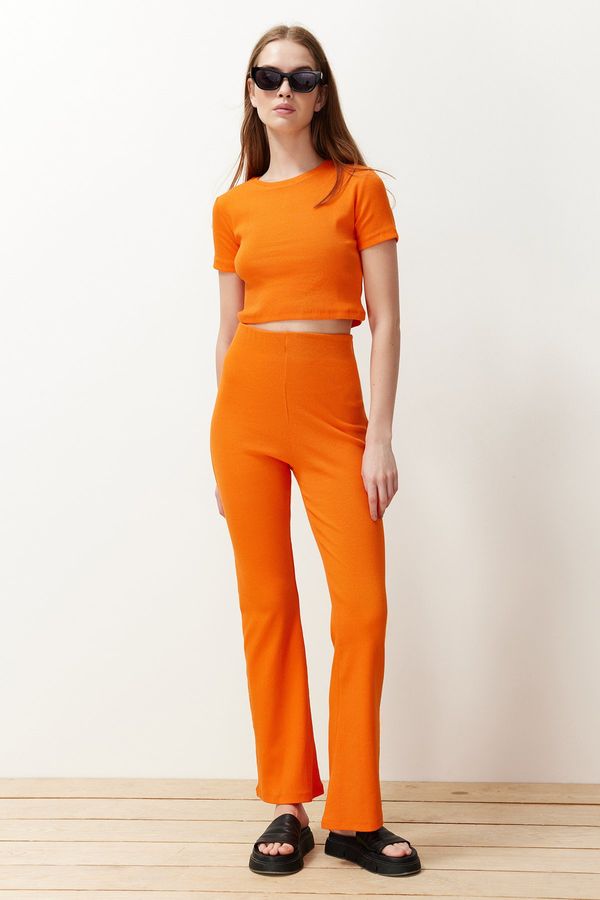 Trendyol Trendyol Orange Crop Crew Neck Ribbed Stretchy Knitted Blouse and Pants Top and Bottom Set