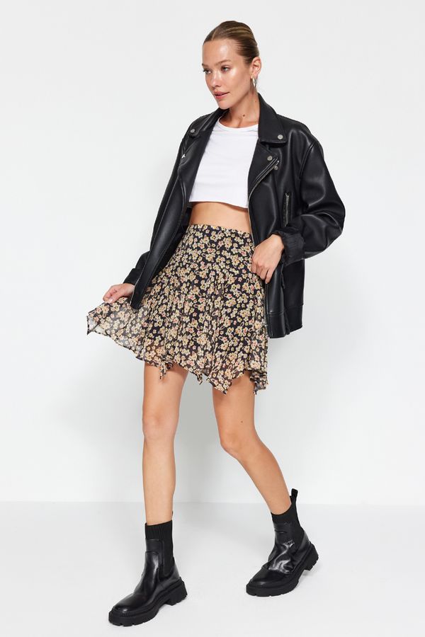 Trendyol Trendyol Orange Flower Patterned Asymmetrical Viscose Fabric Mini Woven Skirt