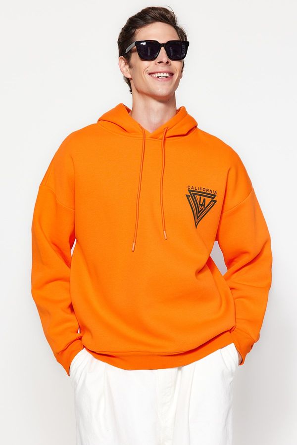 Trendyol Trendyol Orange Hooded Oversize/Wide Cut College Printed Cotton Fleece Sweatshirt