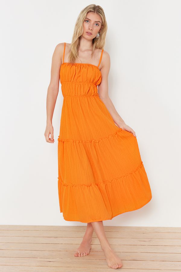 Trendyol Trendyol Orange Maxi Woven Gathered Beach Dress