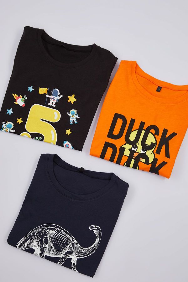 Trendyol Trendyol Orange-Navy-Black 3-Pack Boy Printed Cotton Knitted T-Shirt