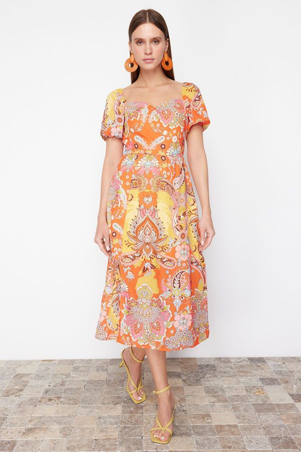 Trendyol Trendyol Orange Patterned A-Line Square Collar Slit Midi Lined Chiffon Woven Dress