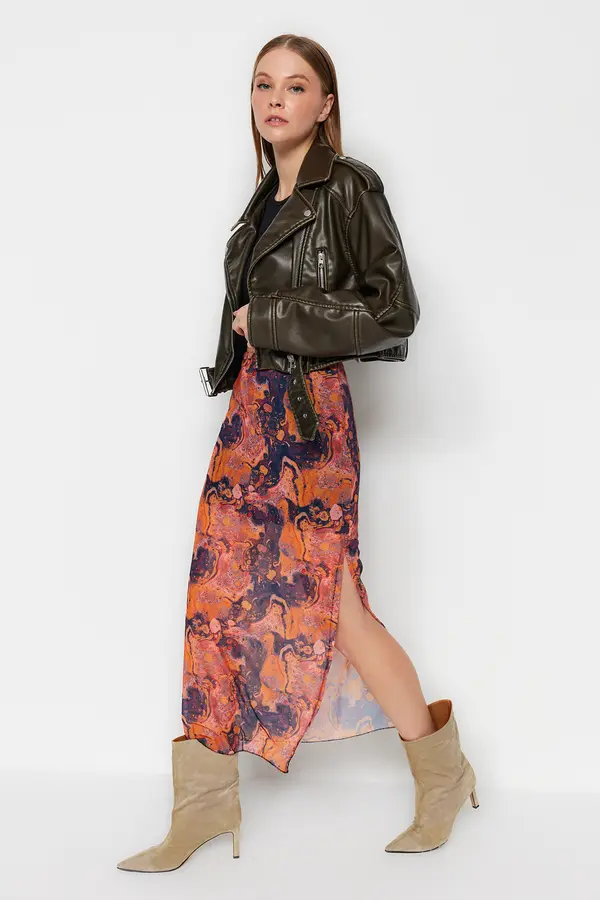 Trendyol Trendyol Orange Patterned Maxi Length Lace Detail Tulle Stretch Knitted Skirt