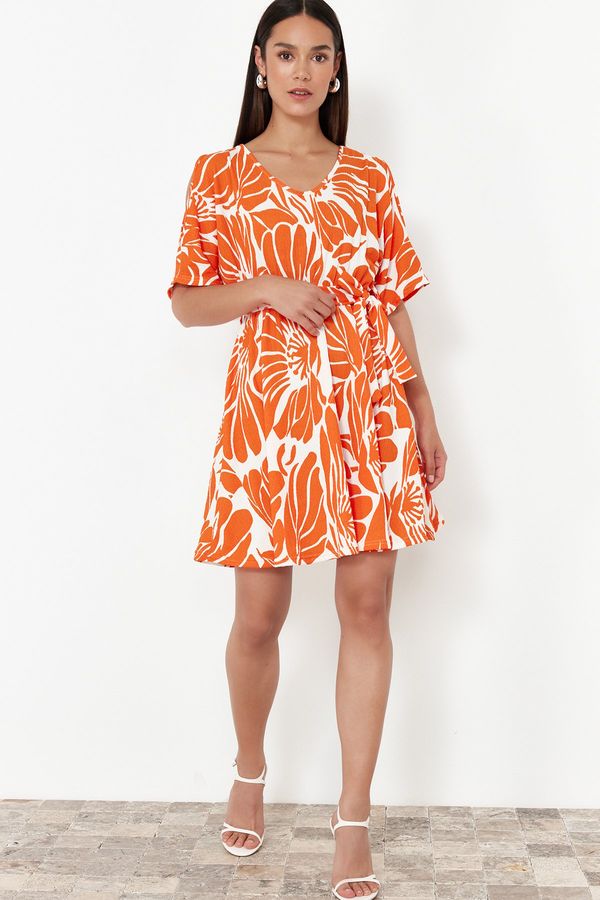 Trendyol Trendyol Orange Printed Pool Neck Belted Relaxed Cut Flexible Mini Knitted Dress