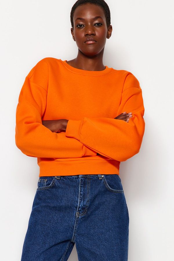 Trendyol Trendyol Orange Relaxed Cut Crop Basic Crew Neck Thick Fleece Inside Knitted Sweatshirt