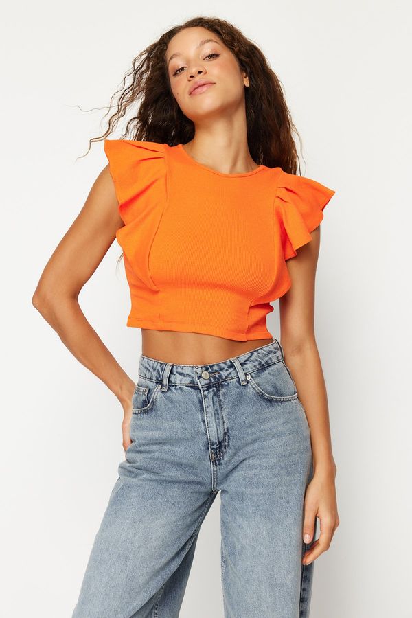 Trendyol Trendyol Orange Sleeves Ruffled Ribbed Stretchy Crop Knitted Blouse