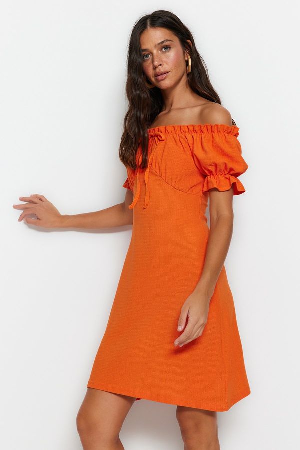 Trendyol Trendyol Orange Square Neck Sleeves Ruffled Twist A-line Mini Knitted Dress