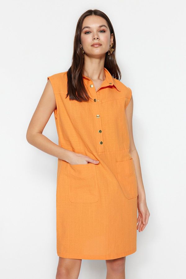 Trendyol Trendyol Orange Straight Cut Pocket Shirt Collar Linen Look Mini Woven Dress