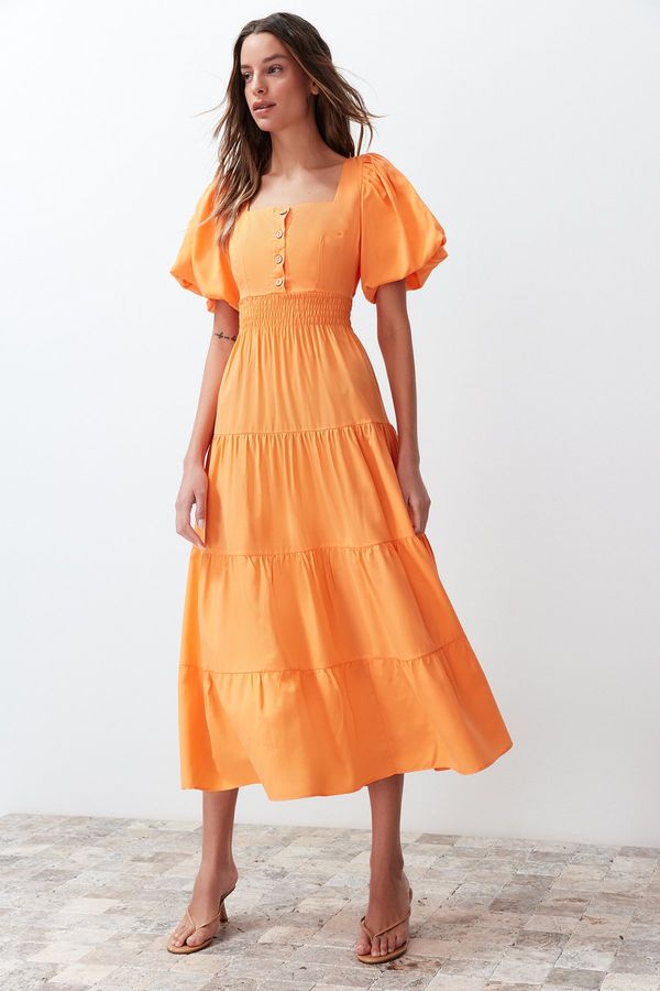 Trendyol Trendyol Orange Waist Opening Gipe and Back Detailed Square Collar Maxi Woven Dress