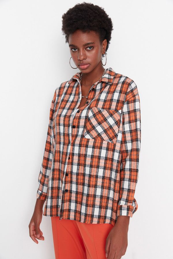 Trendyol Trendyol Orange Wide-Cut Checkered Woven Shirt
