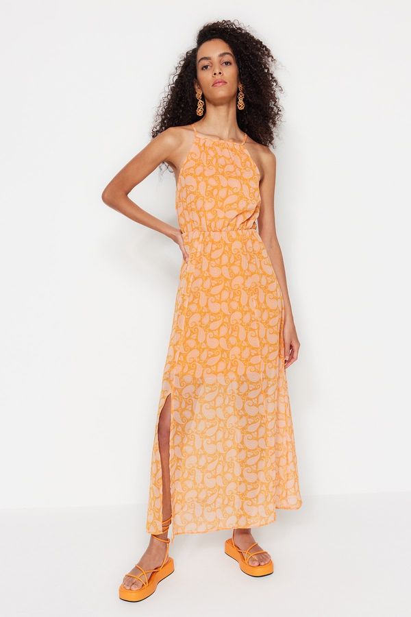 Trendyol Trendyol oranžna a-line maxi tkana podložena razrezana cvetlična vzorca tkana obleka
