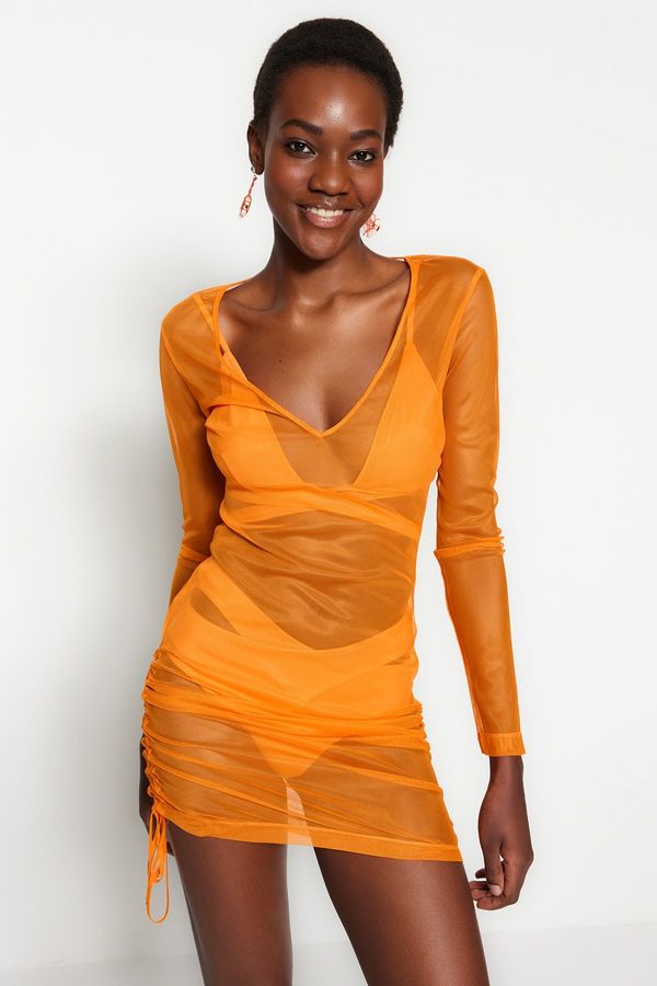 Trendyol Trendyol oranžna opremljena mini tkana nagubana mrežasta obleka za plažo