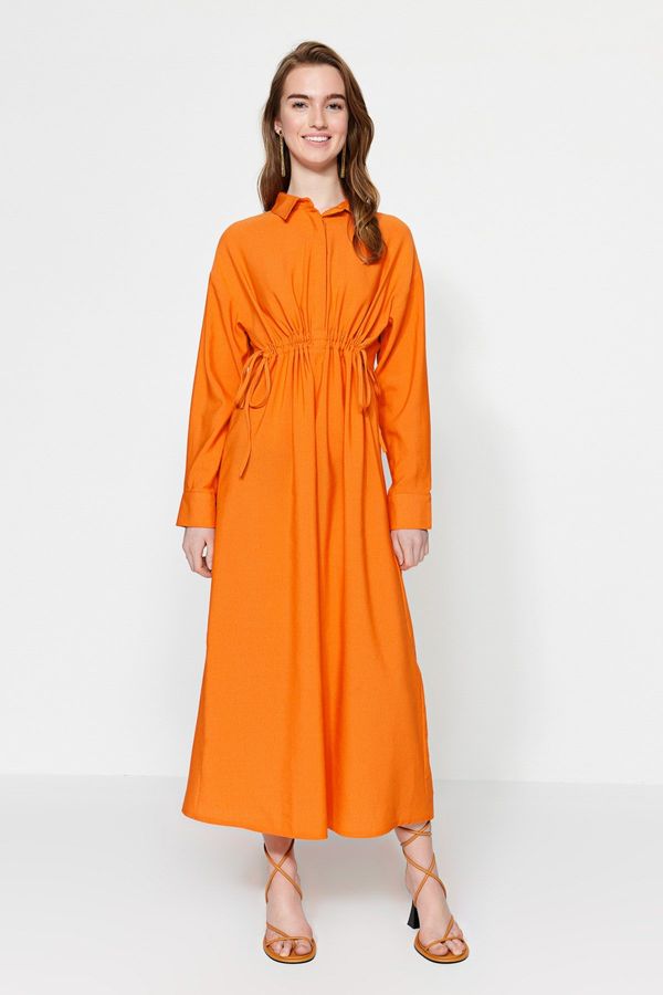 Trendyol Trendyol oranžna platnena mešana tkana obleka s podrobnostmi izpiranja pol pat