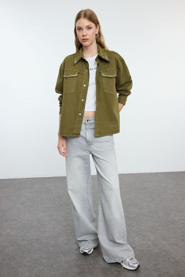 Trendyol Trendyol Oversize Wide Fit Jacket with Khaki Collar and Stone Detail on the Pocket