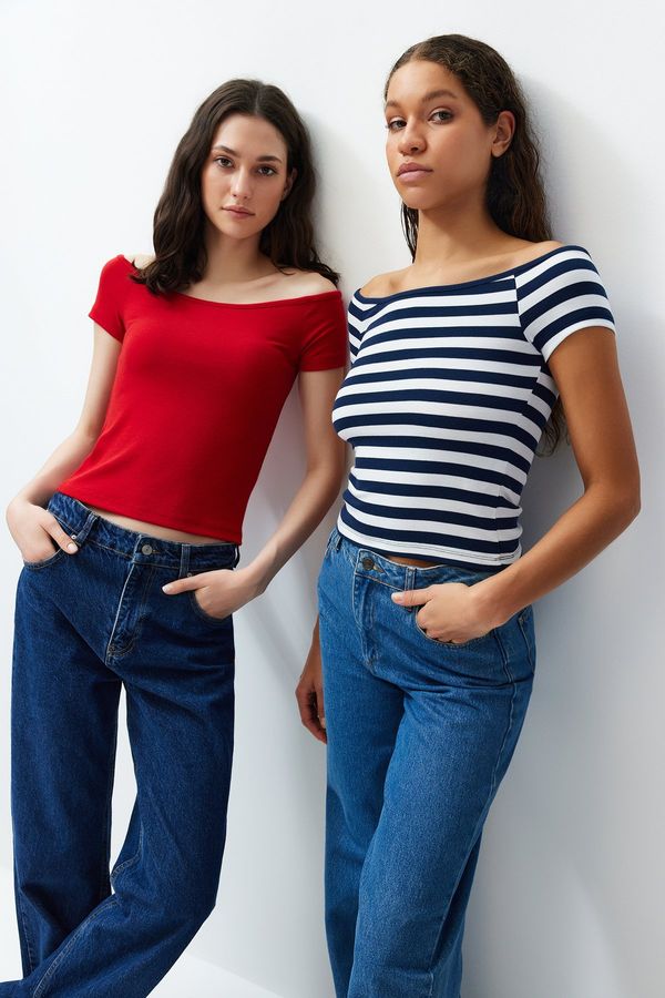 Trendyol Trendyol Pack of 2 Navy Blue Striped-Red Plain Carmen Collar Crop Stretchy Knitted Blouse