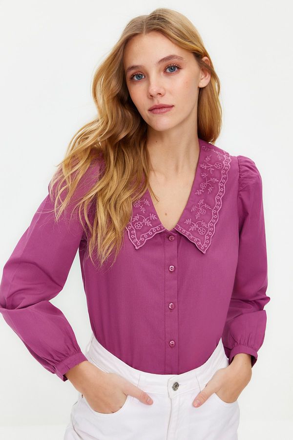 Trendyol Trendyol Pale Pink Collar Embroidered Cotton Woven Shirt