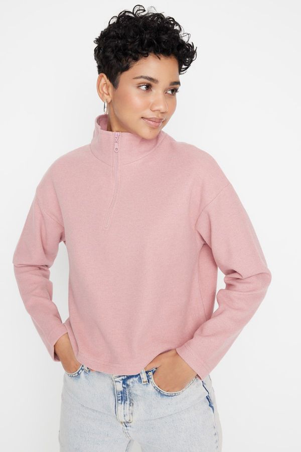 Trendyol Trendyol Pale Pink Thessaloniki/Knitwear Look Zippered Collar Regular/Regular Fit Knitted Sweatshirt