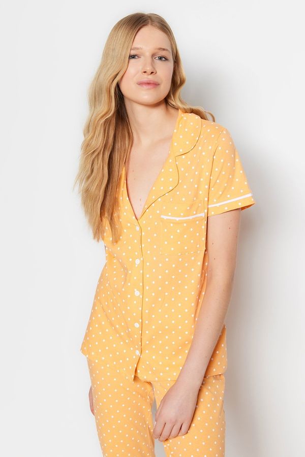 Trendyol Trendyol Peach 100% Cotton Piping Detailed Polka Dot Shirt-Pants Knitted Pajamas Set