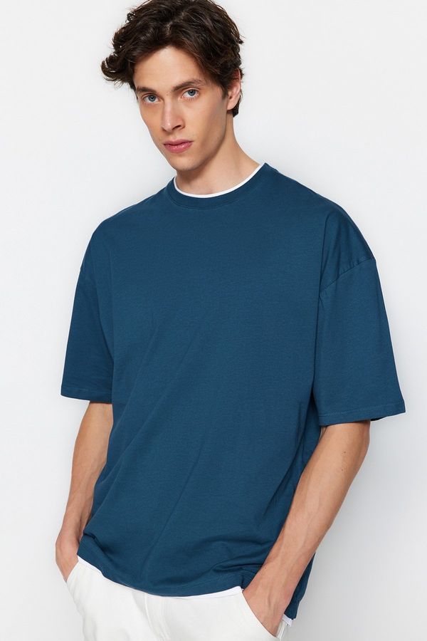 Trendyol Trendyol Petrol Oversize/Wide Cut Short Sleeve Contrast Piece Detail Cotton T-Shirt