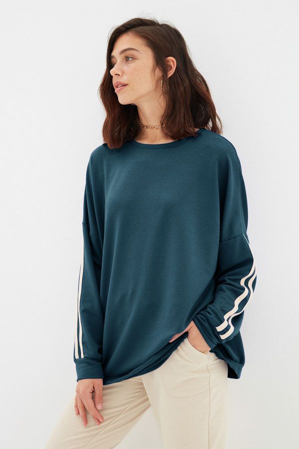 Trendyol Trendyol Petrol Stripe Detailed Long Oversize Thin Knitted Sweatshirt