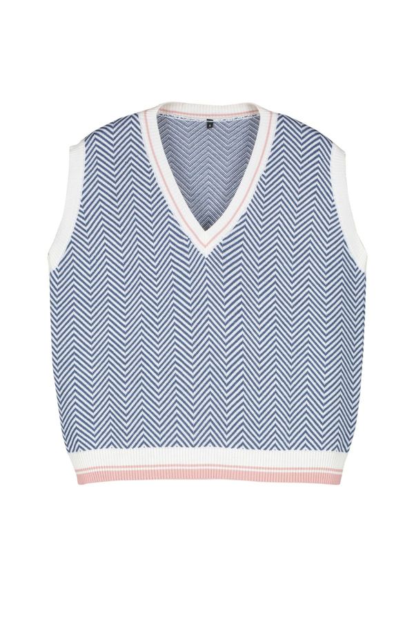 Trendyol Trendyol Petrol V-Neck Geometric Patterned Knitwear Sweater