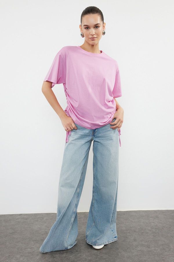 Trendyol Trendyol Pink 100% Cotton Back and Front Printed Oversize/Relaxed Cut Knitted T-Shirt