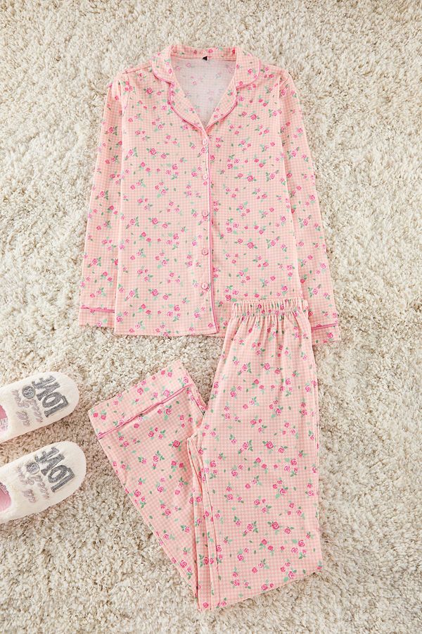 Trendyol Trendyol Pink 100% Cotton Floral Knitted Pajama Set