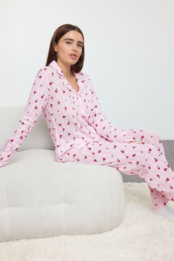 Trendyol Trendyol Pink 100% Cotton Floral Openwork/Hole Ribbed Knitted Pajama Set