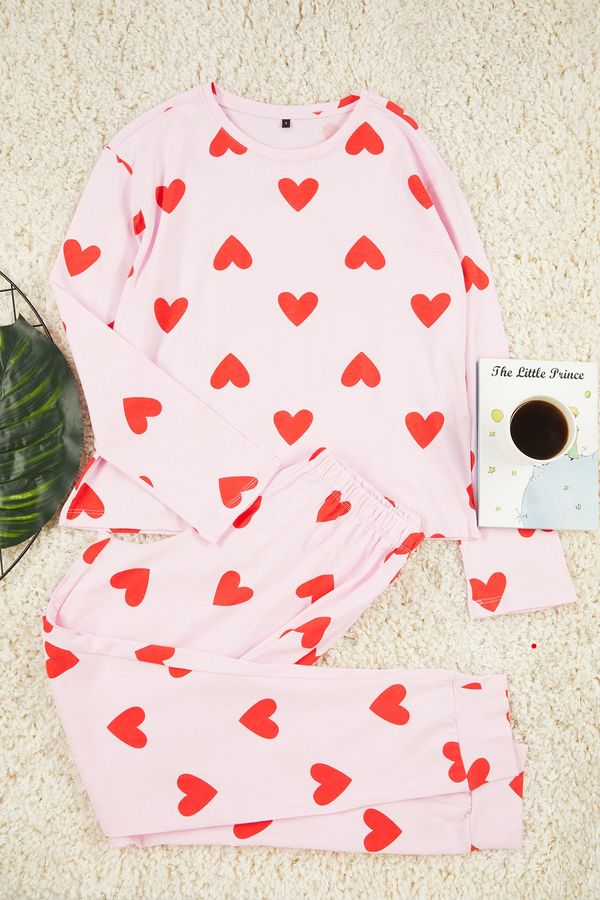 Trendyol Trendyol Pink 100% Cotton Heart Knitted Pajama Set