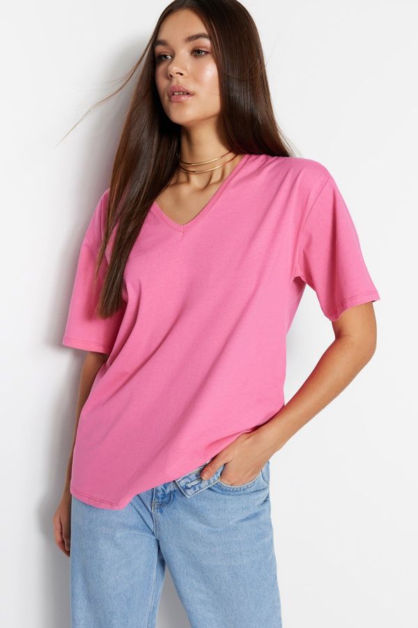 Trendyol Trendyol Pink 100% Cotton Oversize/Wide Fit V-Neck Knitted T-Shirt