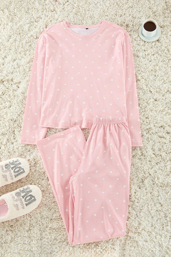 Trendyol Trendyol Pink 100% Cotton Polka Dot and Heart Patterned Knitted Pajama Set