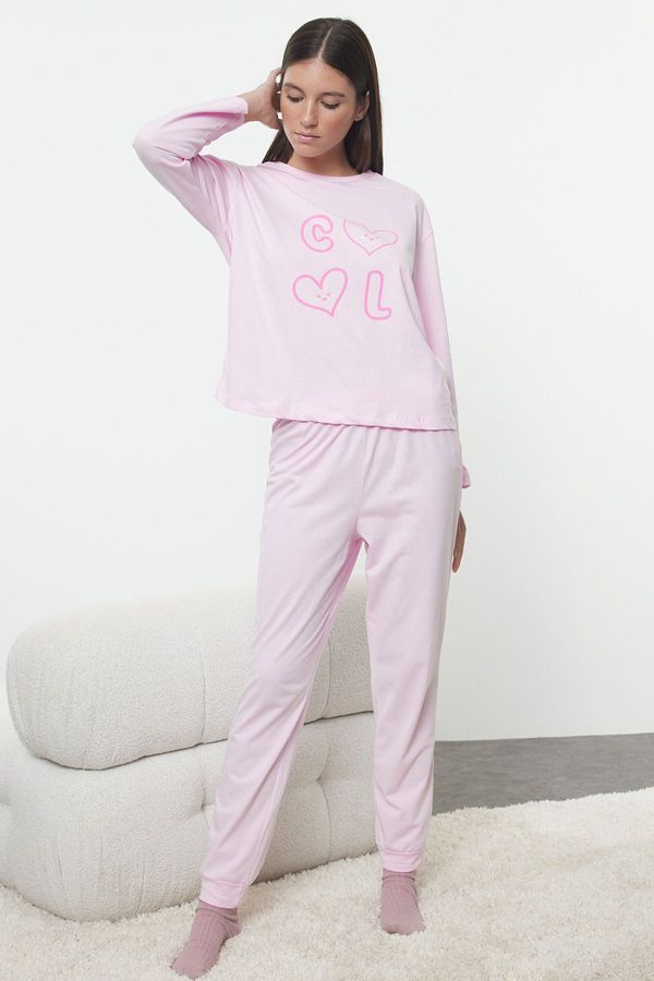 Trendyol Trendyol Pink 100% Cotton Slogan Heart Knitted Pajamas Set