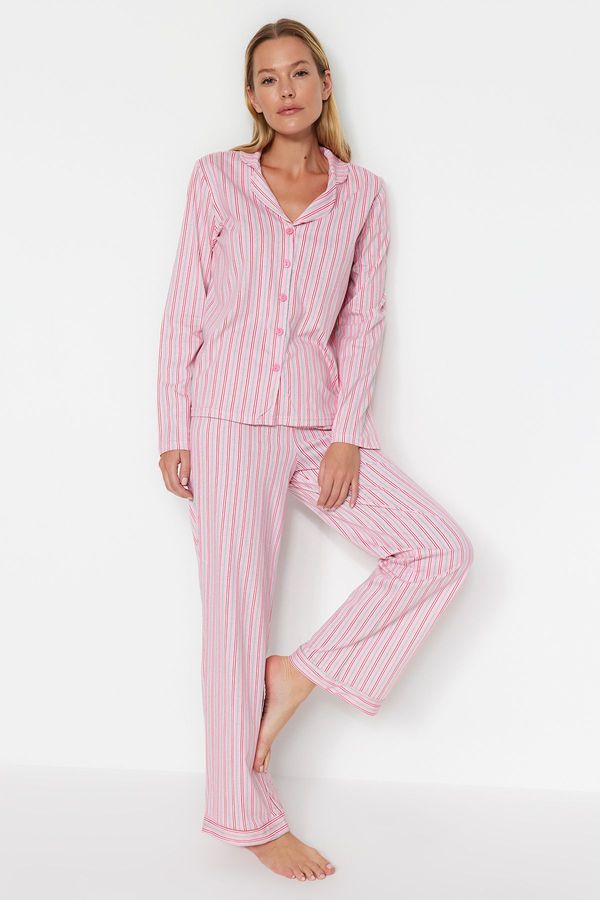 Trendyol Trendyol Pink 100% Cotton Striped Shirt-Pants Knitted Pajamas Set