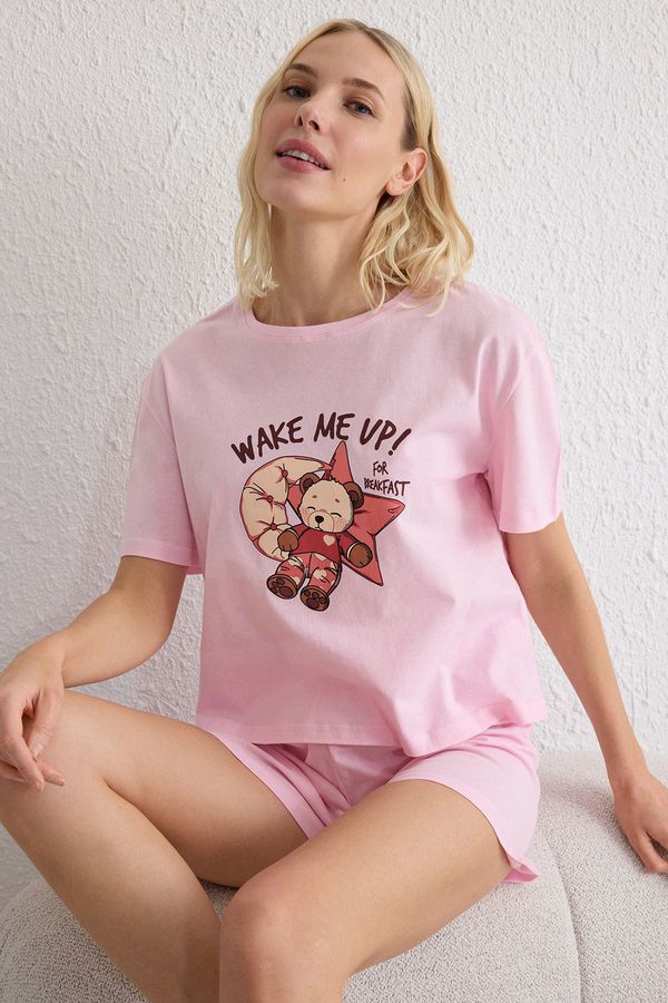 Trendyol Trendyol Pink 100% Cotton Teddy Bear and Slogan Knitted Pajama Set