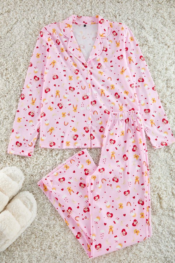 Trendyol Trendyol Pink 100% Cotton Teddy Bear-Heart Patterned Knitted Pajama Set