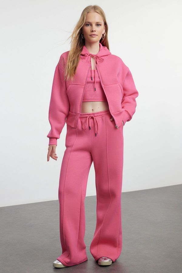 Trendyol Trendyol Pink 3-Piece Fleece Hooded Relaxed Knitted Tracksuit Set