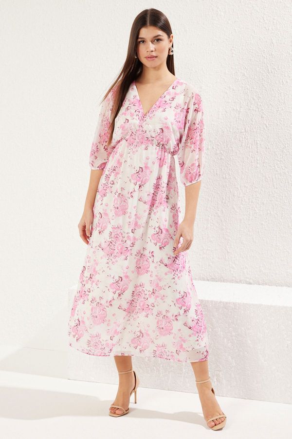 Trendyol Trendyol Pink A-Line Floral Patterned Chiffon Lined Maxi Woven Dress