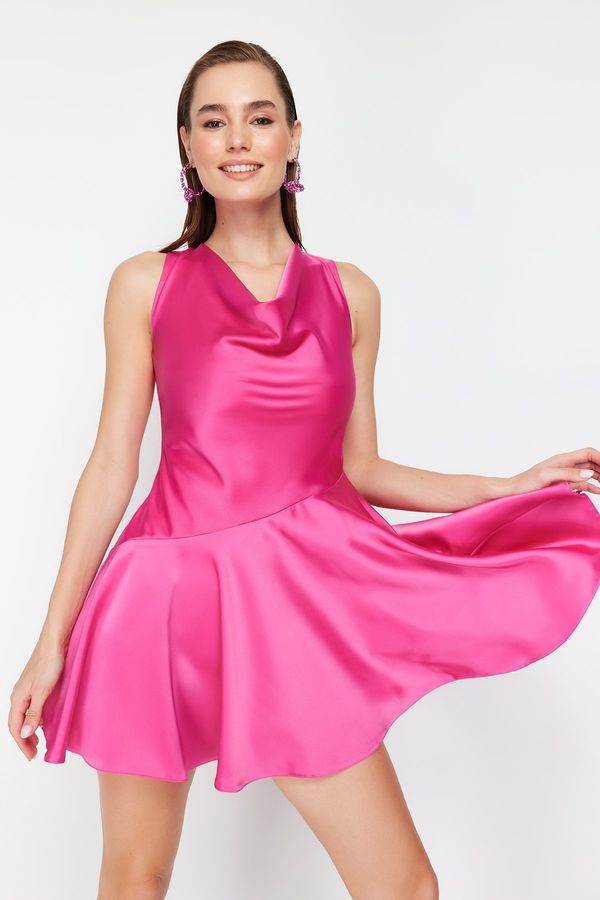 Trendyol Trendyol Pink A-Line Plunging Neckline Woven Satin Short Elegant Evening Dress