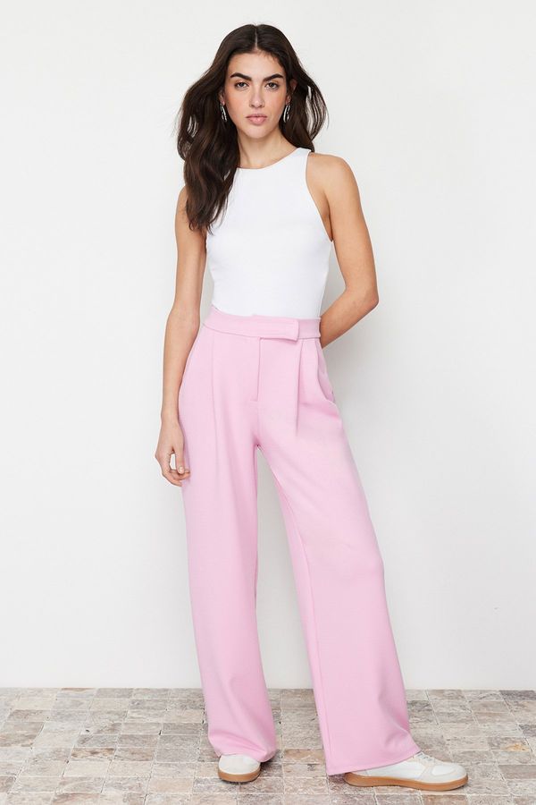 Trendyol Trendyol Pink Belt Velcro High Waist Pleated Wide Leg Knitted Trousers