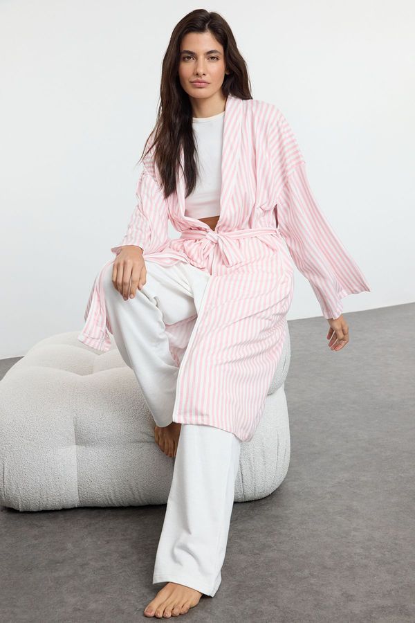 Trendyol Trendyol Pink Belted 100% Cotton Striped Knit Dressing gown