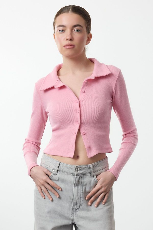 Trendyol Trendyol Pink Button Detailed Crop Polo Neck Ribbed Flexible Knit Blouse