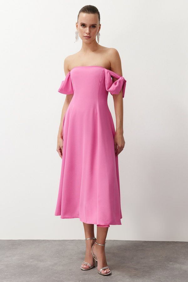 Trendyol Trendyol Pink Carmen Collar Skater/Waist Opening Woven Dress