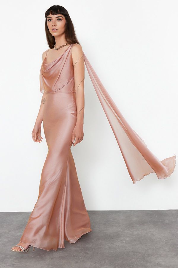 Trendyol Trendyol Pink Carmen Collar Woven Chiffon Long Elegant Evening Dress