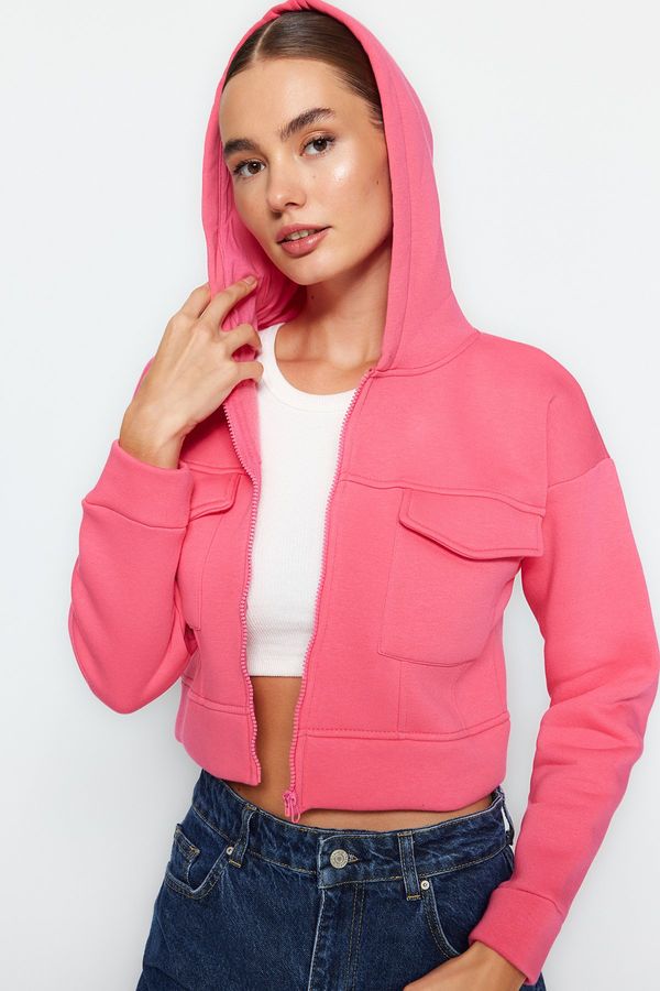 Trendyol Trendyol Pink Comfortable Cut Crop Pocket Detailed Hooded Thick Inside Fleece Knitted Sweatshirt